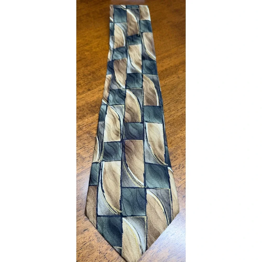 Zylos Gold George Machado Tie Mens OS Green Tan Silk Geometric Abstract
